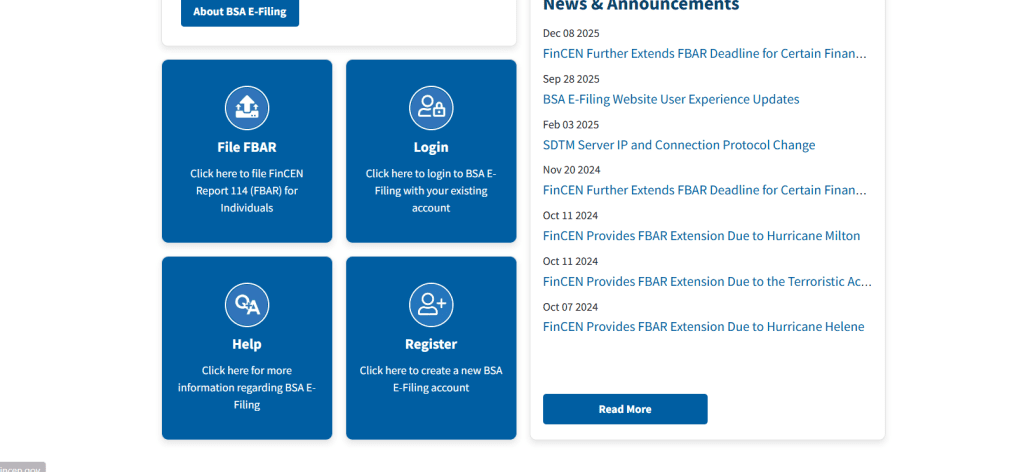 FBAR filing BSA E-Filing System FinCEN Form 114