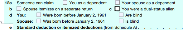 Form 1040 dual-status alien checkbox line 12c IRS 2025