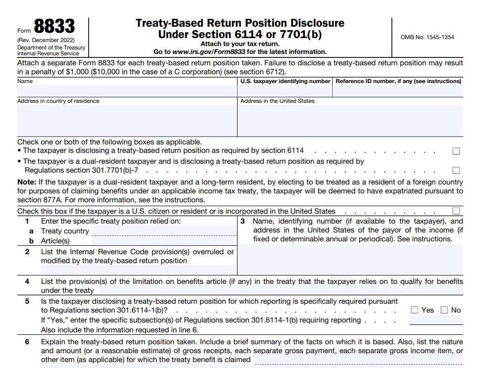 Form 8833 treaty-based return position disclosure H-1B