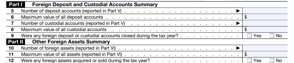 Form 8938 FATCA foreign financial assets statement Part I Part II