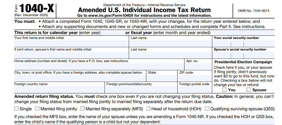 Form 1040-X amended US individual income tax return H-1B visa holder