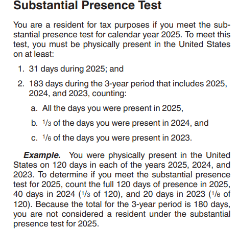 IRS substantial presence test 2025 H-1B visa resident alien determination