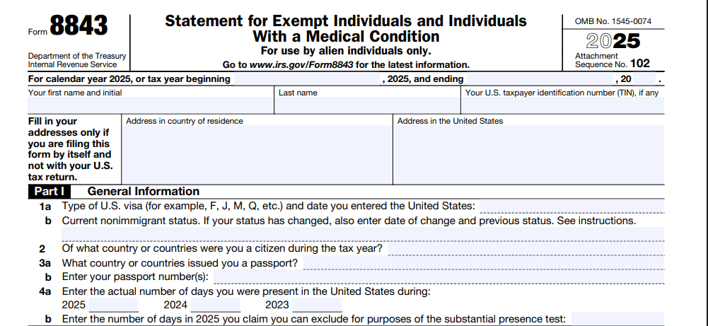 Form 8843 statement for exempt individuals F-1 student visa 2025