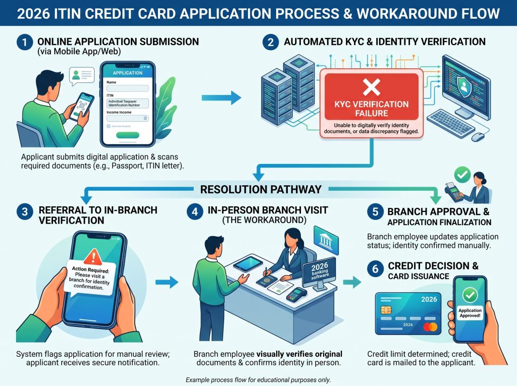 ITIN credit card application process showing KYC verification failure and branch approval workaround 2026
