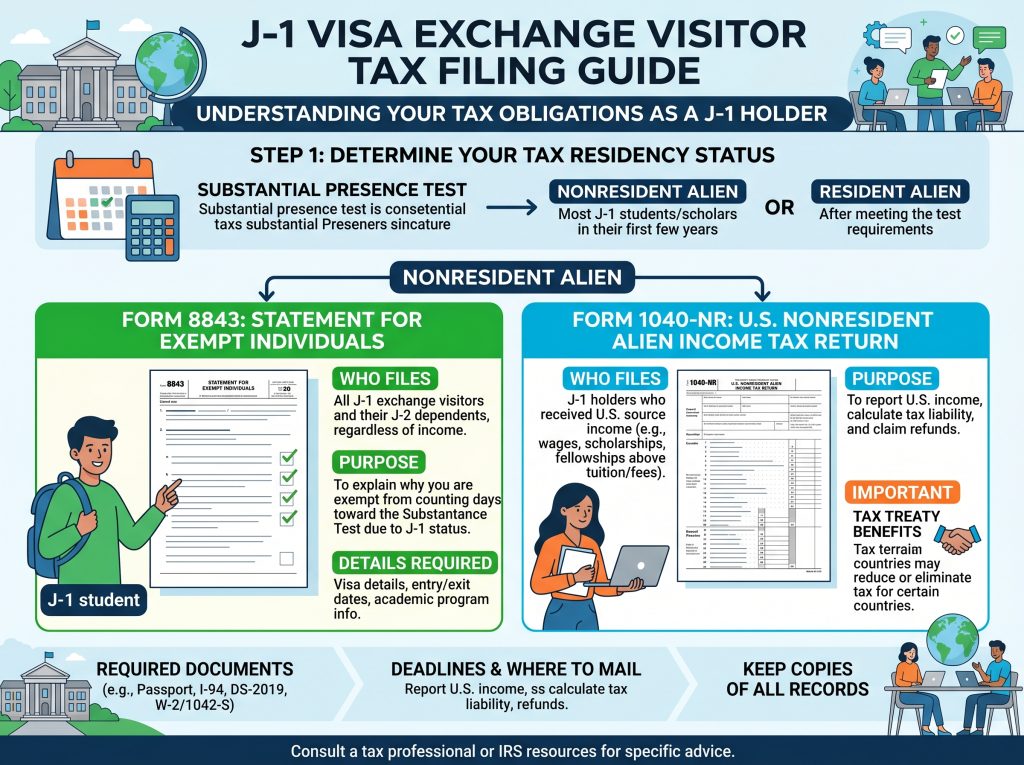 J-1 visa taxes filing guide showing Form 1040-NR and Form 8843 for J-1 exchange visitors